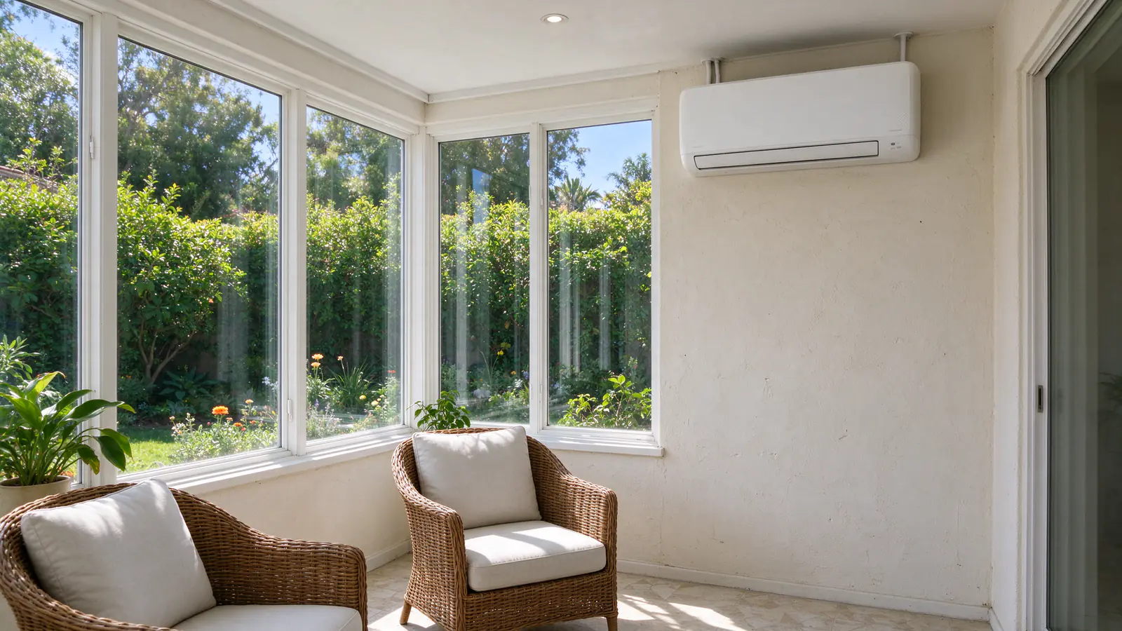Bright sunroom addition with tall windows on two sides, wicker chairs and plants, and a white wall-mounted mini split head on the one solid wall shared with the house