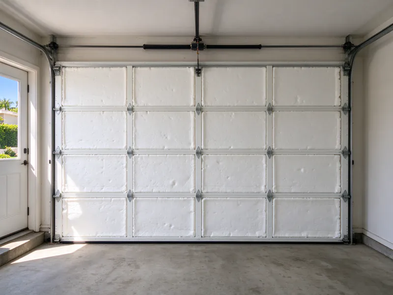Closed garage door fitted with white foam insulation panels in every section