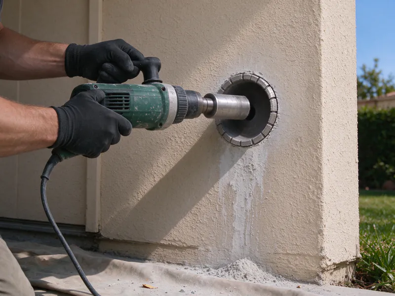 Core drill cutting a round hole through a stucco wall for a mini split line set, held in gloved hands