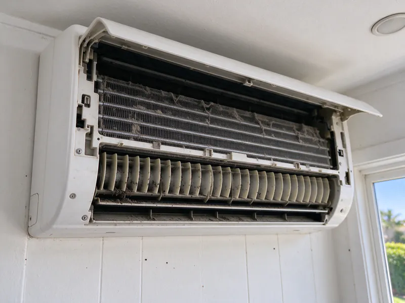 Dirty blower wheel and coil inside a mini split indoor head with its front panel lifted