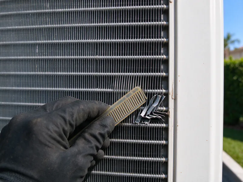 Fin comb straightening bent aluminum fins on a mini split outdoor coil
