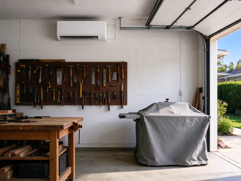 Garage woodworking shop with a workbench and a white mini split head high on the back wall