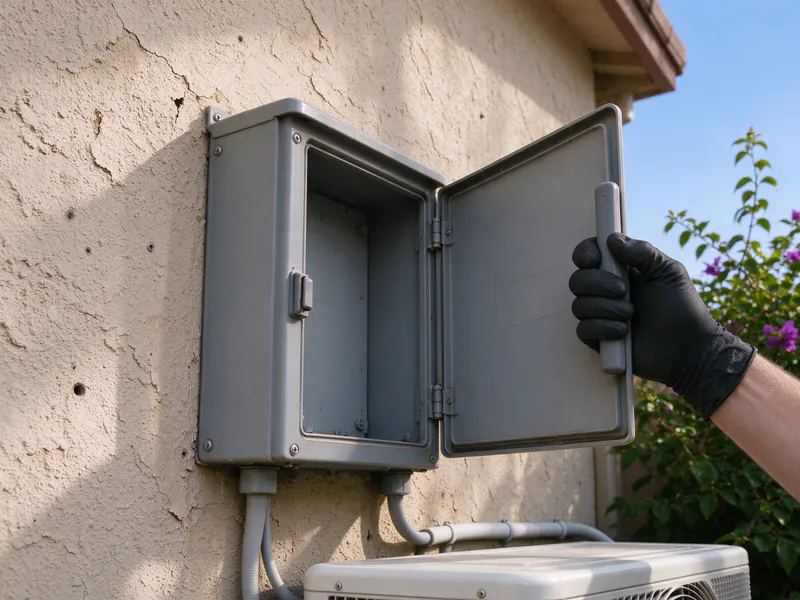 Gloved hand switching off the outdoor disconnect beside a mini split outdoor unit