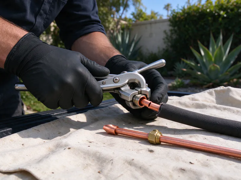 Gloved hands flaring the end of a copper refrigerant line with a flaring tool