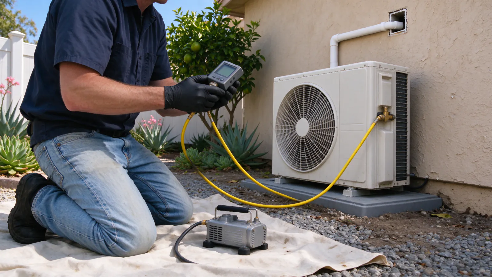 HVAC technician kneeling beside a mini split outdoor unit on a pad, watching a digital micron gauge connected by hoses to the service port while a vacuum pump runs on the ground