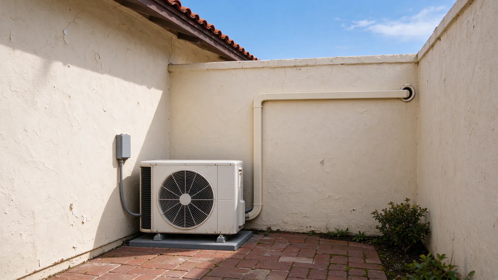 Mini split outdoor unit on a pad in the narrow rear side yard of a 1920s stucco bungalow, a painted line-hide carrying two refrigerant lines along the back wall, the street-facing porch out of view