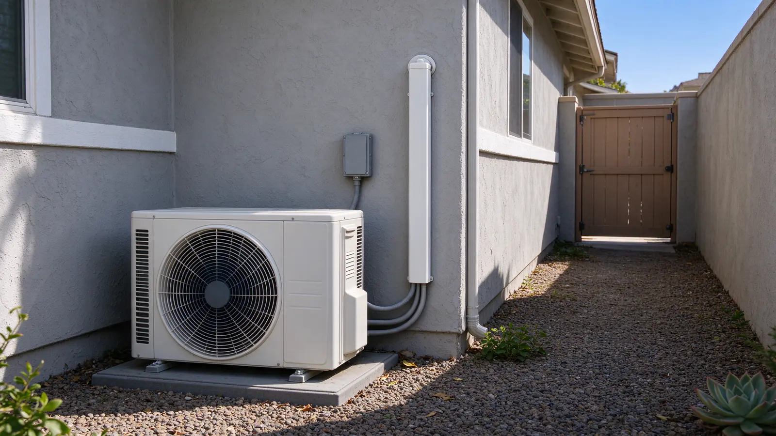 Mini split outdoor unit on a pad on the sheltered side of a North County coastal house, a line-hide with two refrigerant lines running up the stucco wall and a wood side-yard gate at the far end