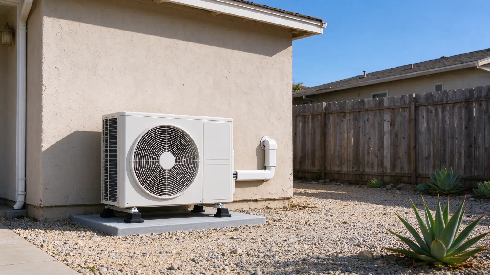 Mini split outdoor unit on rubber isolation feet atop a pad in a quiet San Diego side yard, set several feet from a wooden fence with a neighbor's house beyond
