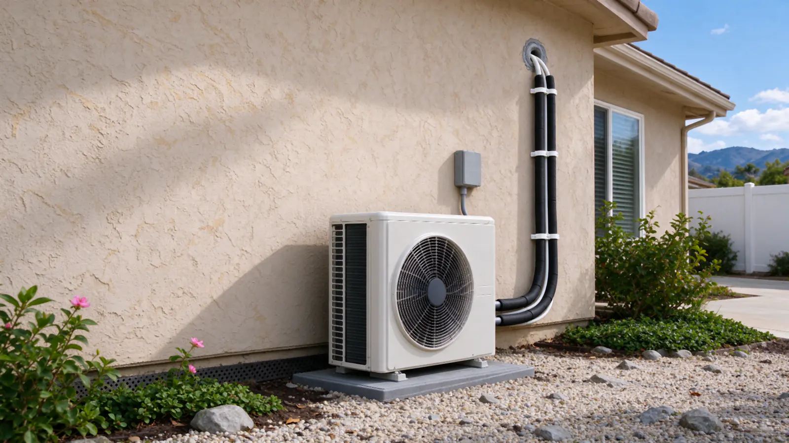 Mini split outdoor unit in a San Diego side yard before its line-hide cover goes on, the insulated refrigerant lines, drain line and sealed wall penetration exposed on the stucco wall