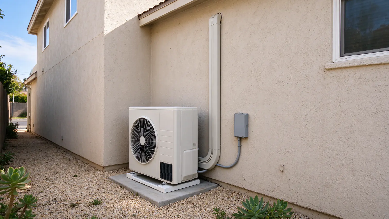 Multi-zone outdoor unit on a concrete pad against the side wall of a two-story stucco house, with two refrigerant line sets rising in a painted line-hide toward the upstairs bedrooms