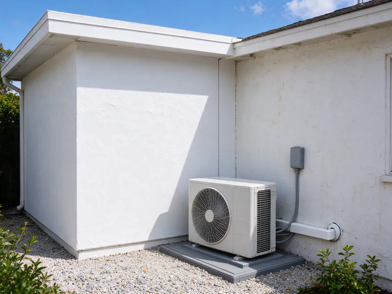 New stucco room addition with a mini split outdoor unit on a pad beside its side wall