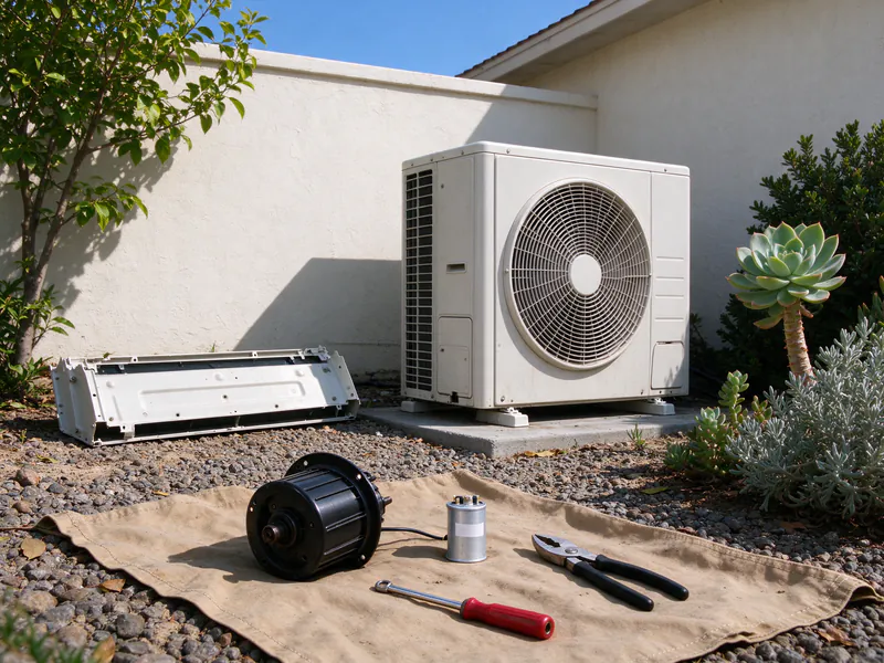 Replacement fan motor and capacitor laid on a drop cloth beside an opened mini split outdoor unit