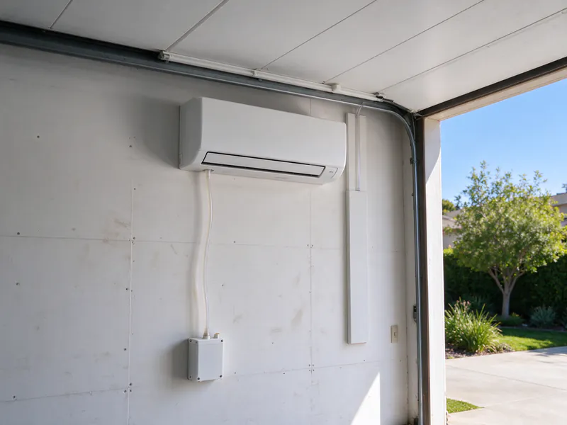 Small condensate pump mounted on a garage wall below a mini split indoor head