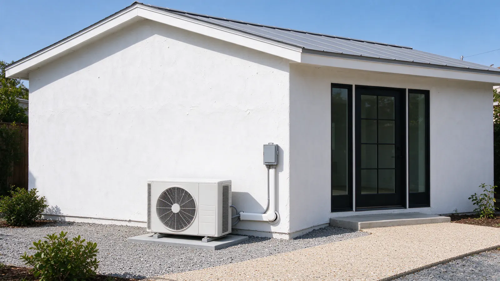 Small stucco backyard ADU with a compact outdoor heat pump unit on a pad along its side wall, a short line-hide cover running up to the wall, and a gravel path in front