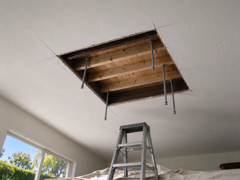 Square opening cut in a drywall ceiling with new wood framing visible above for a ceiling cassette