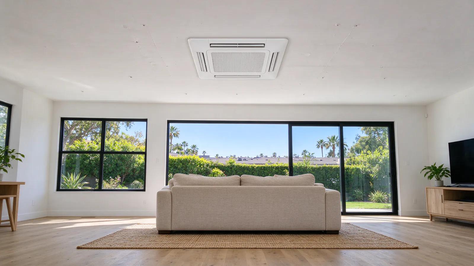 Square white ceiling cassette set flush into the smooth drywall ceiling of a bright single-story living room, centered over a sofa and rug