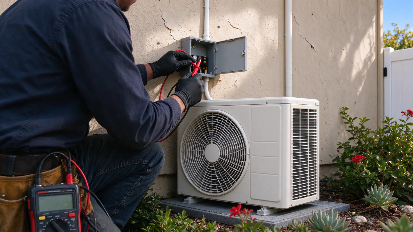 Technician crouched beside an outdoor mini split unit on a pad against a stucco side wall in daylight, testing the open disconnect box with a multimeter