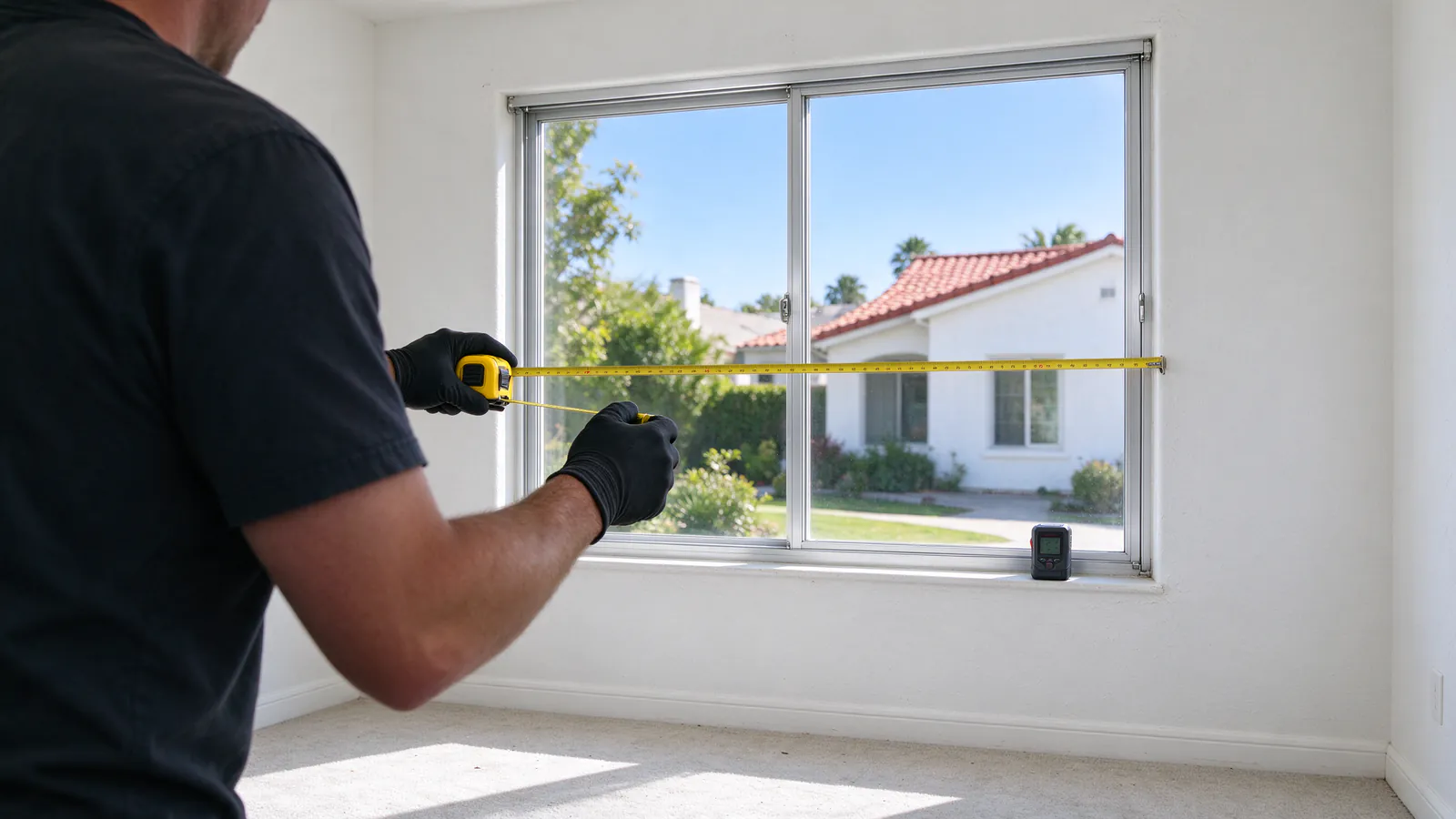 Technician measuring a bedroom window with a tape measure in a San Diego house, a small laser distance meter on the windowsill and the empty wall above where an indoor head will mount