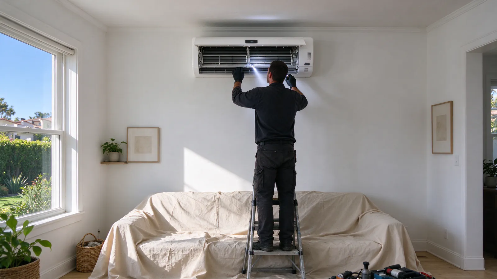 Technician on a short ladder with the front panel of a wall-mounted mini split head open, checking the coil with a flashlight above a living room sofa covered with a drop cloth