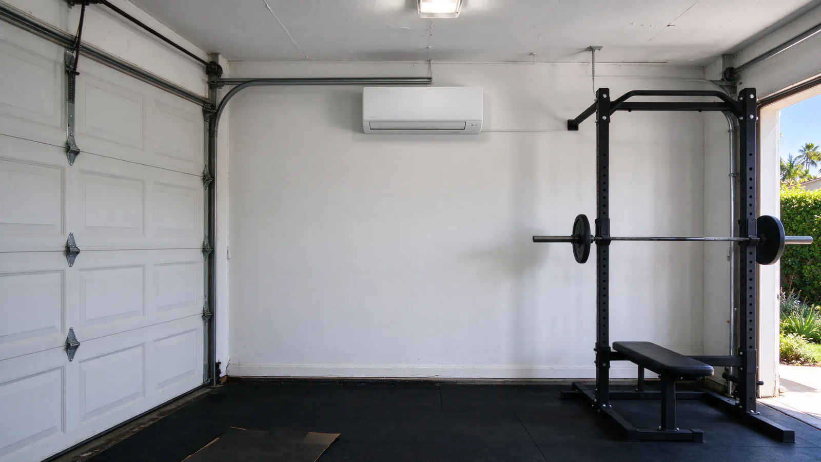 Two-car garage converted to a home gym with rubber floor mats and a squat rack, a white wall-mounted mini split head high on the insulated side wall, and the roll-up door closed