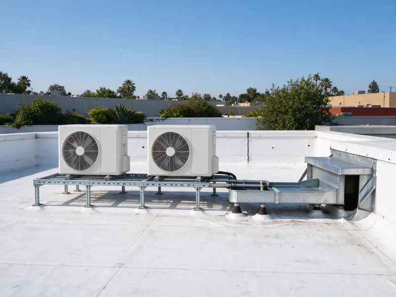 Two mini split outdoor units on raised steel rails on a flat commercial roof with line sets on pipe supports