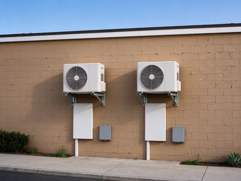 Two mini split outdoor units on wall brackets on the block wall of a small commercial building
