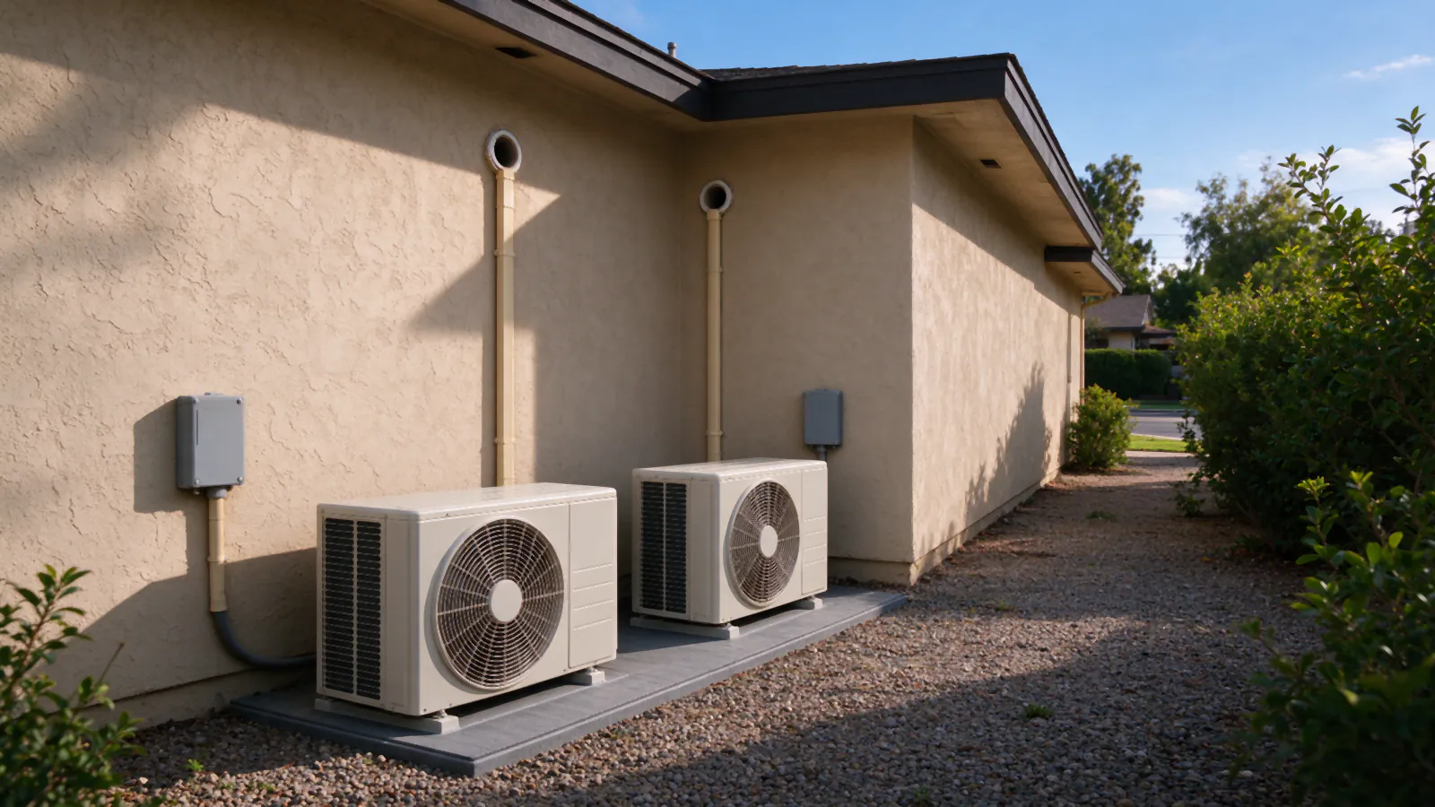 Two outdoor mini split units side by side on a shared pad along the stucco side yard of a single-story San Diego ranch house, each with its own painted line-hide running up to a separate wall penetration