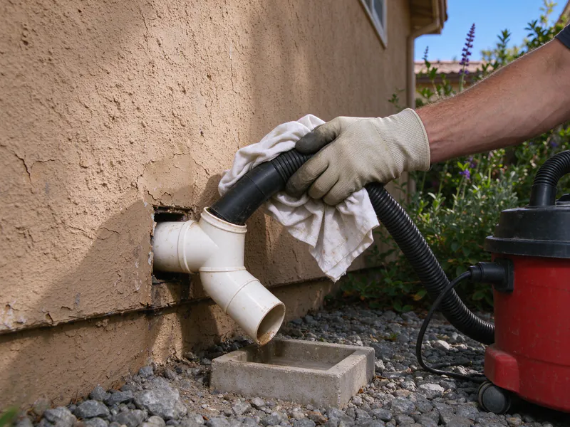 Wet-dry vacuum hose fitted to the end of a mini split condensate drain line outside a stucco wall