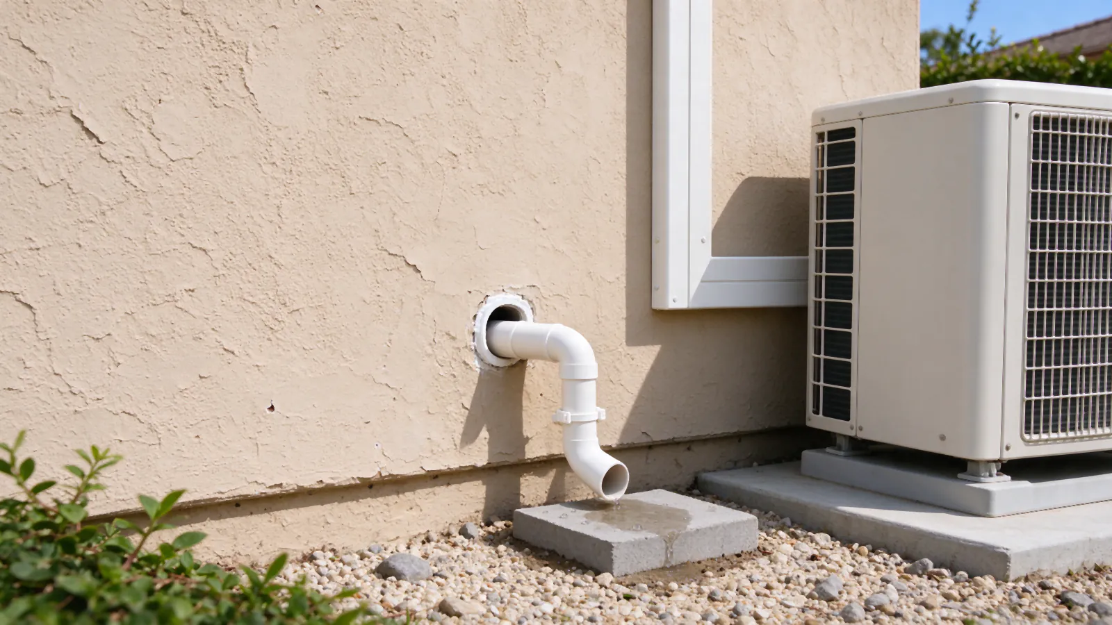 White condensate drain line exiting a stucco wall beside a mini split line-hide and discharging onto a small splash block in a gravel strip next to the house