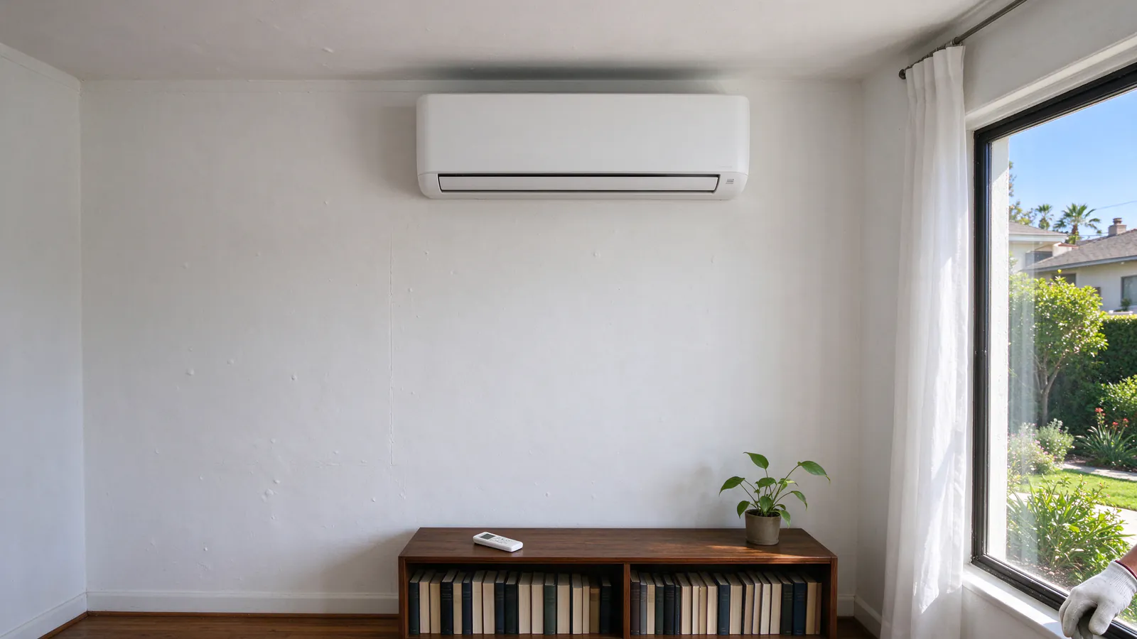White wall-mounted mini split head above a bookshelf in a sunlit San Diego living room, with a plain white remote resting on the shelf below