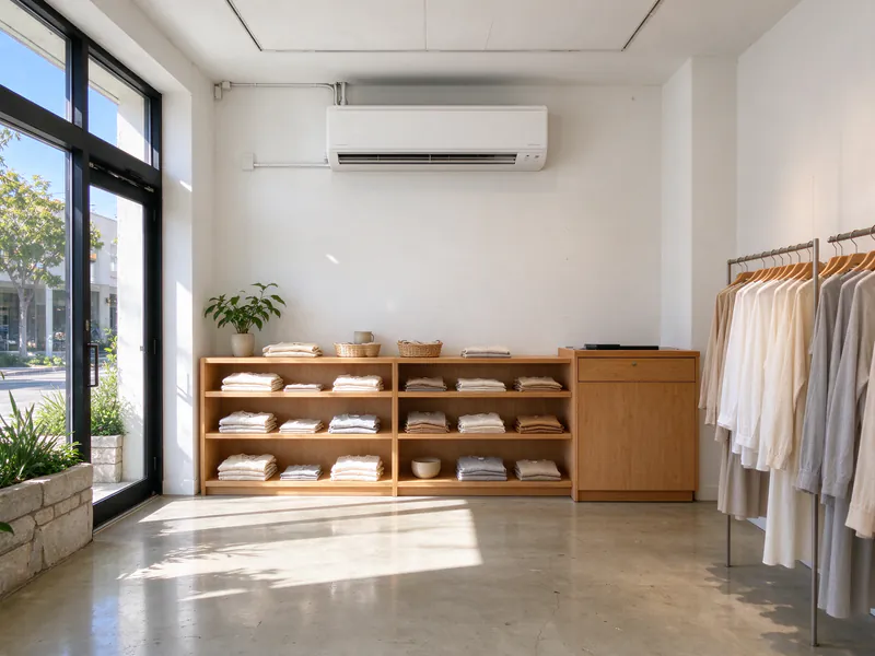 White wall-mounted mini split head above display shelves in a small San Diego retail shop