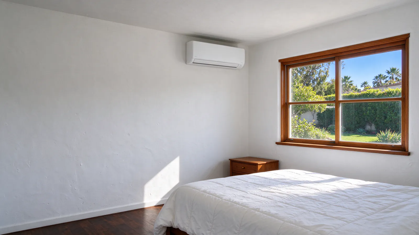 White wall-mounted mini split head above a window in the bedroom of an older San Diego bungalow with plaster walls and a wood floor, daylight coming through the window