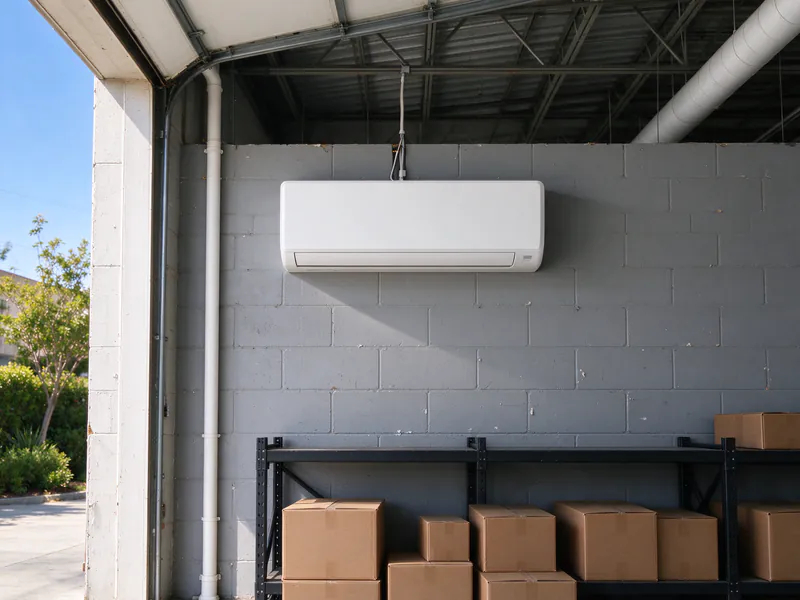 White wall-mounted mini split head high on the block wall of a small warehouse above storage shelving