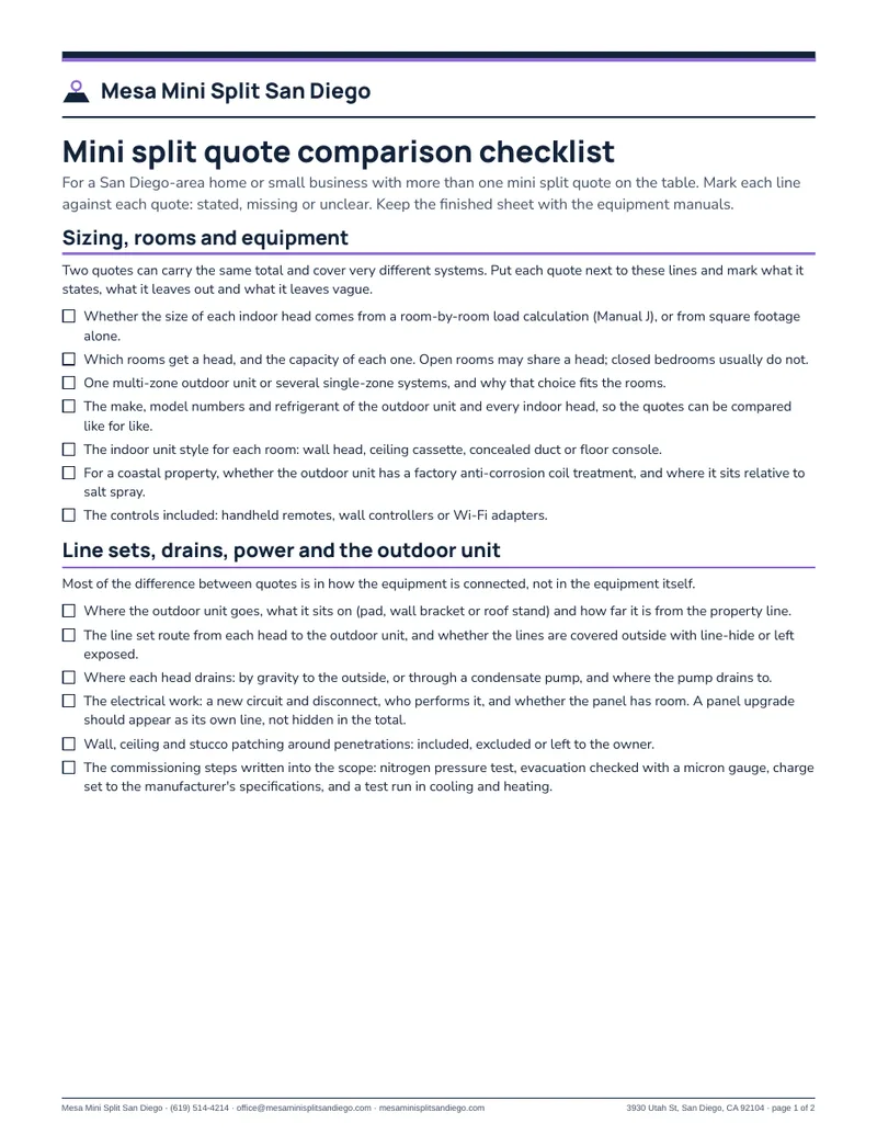 First page of the Mini split quote comparison checklist, with the sizing and installation lines to compare across quotes